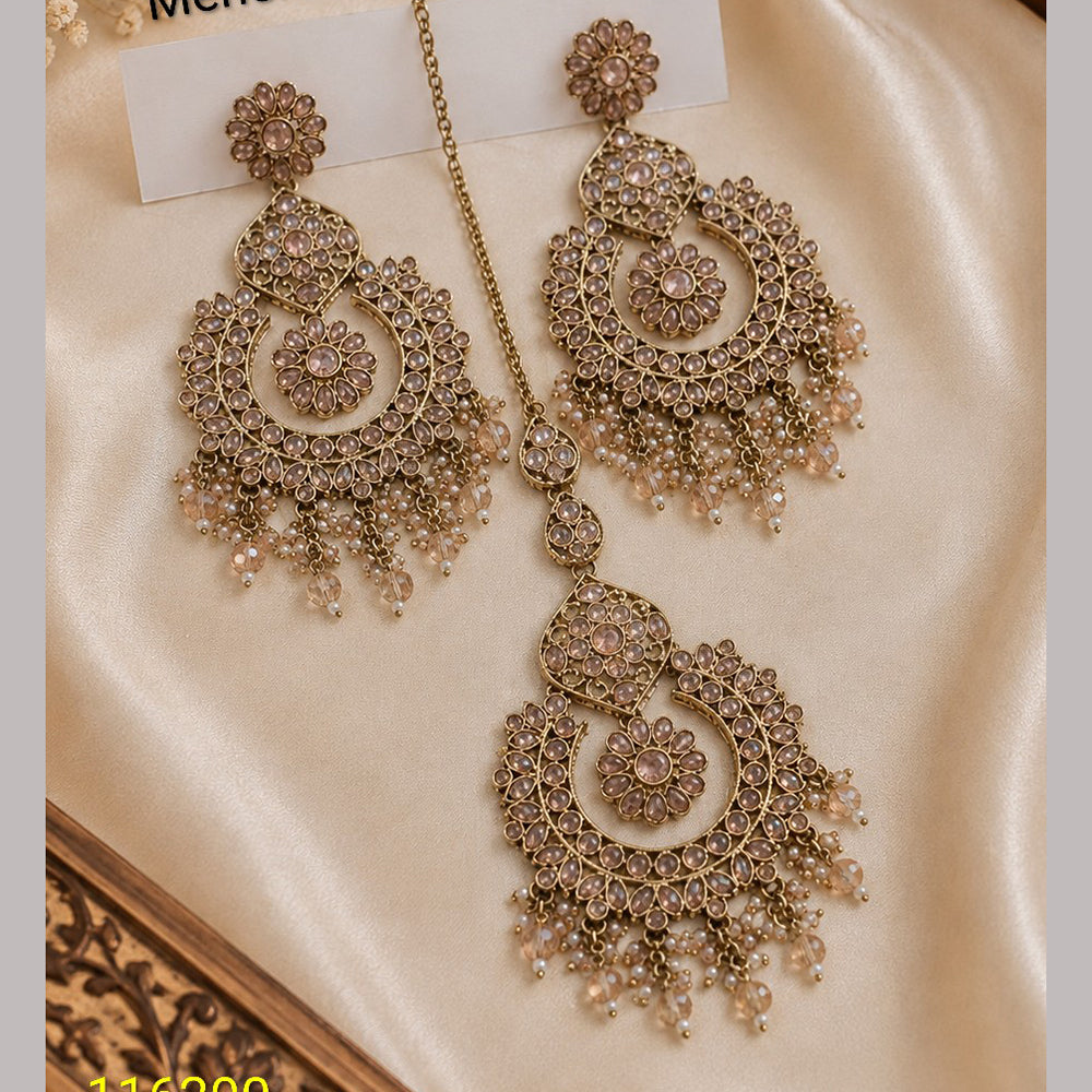 NAFJ Elegant Crystal Pearl And Beads Dangler Earrings With Matching Maangtikka