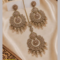 NAFJ Elegant Crystal Pearl And Beads Dangler Earrings With Matching Maangtikka