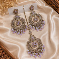 NAFJ Elegant Crystal Pearl And Beads Dangler Earrings With Matching Maangtikka