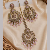 NAFJ Elegant Crystal Pearl And Beads Dangler Earrings With Matching Maangtikka