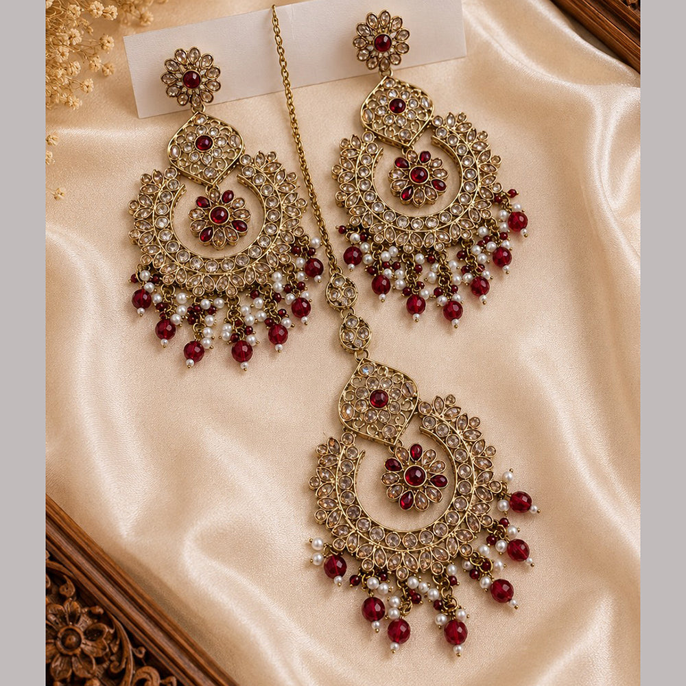 NAFJ Elegant Crystal Pearl And Beads Dangler Earrings With Matching Maangtikka