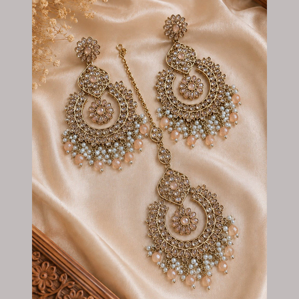 NAFJ Elegant Crystal Pearl And Beads Dangler Earrings With Matching Maangtikka