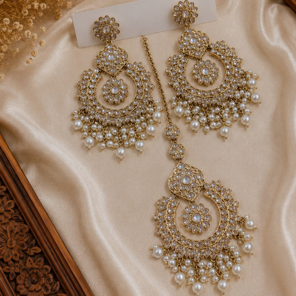 NAFJ Elegant Crystal Pearl And Beads Dangler Earrings With Matching Maangtikka