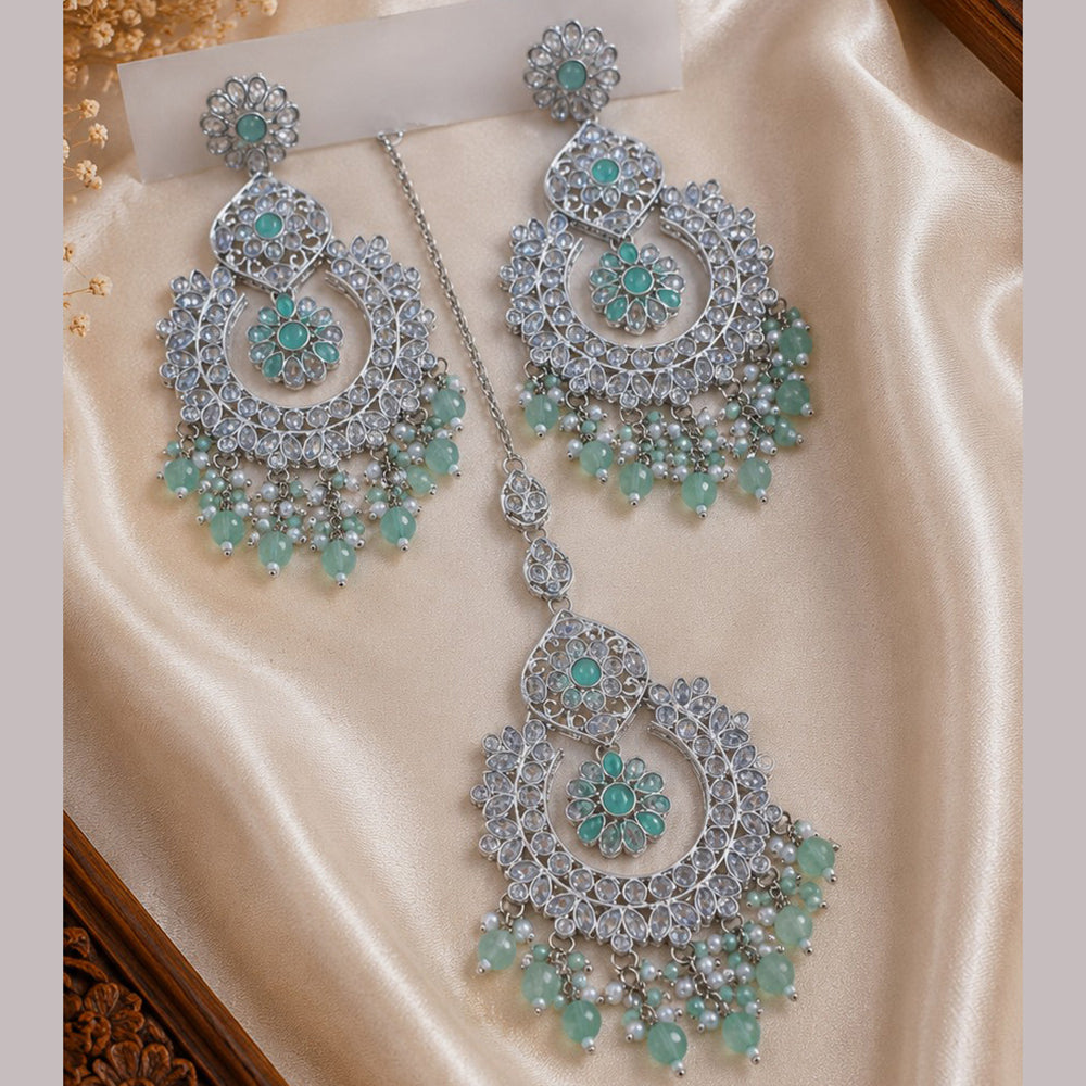 NAFJ Elegant Crystal Pearl And Beads Dangler Earrings With Matching Maangtikka