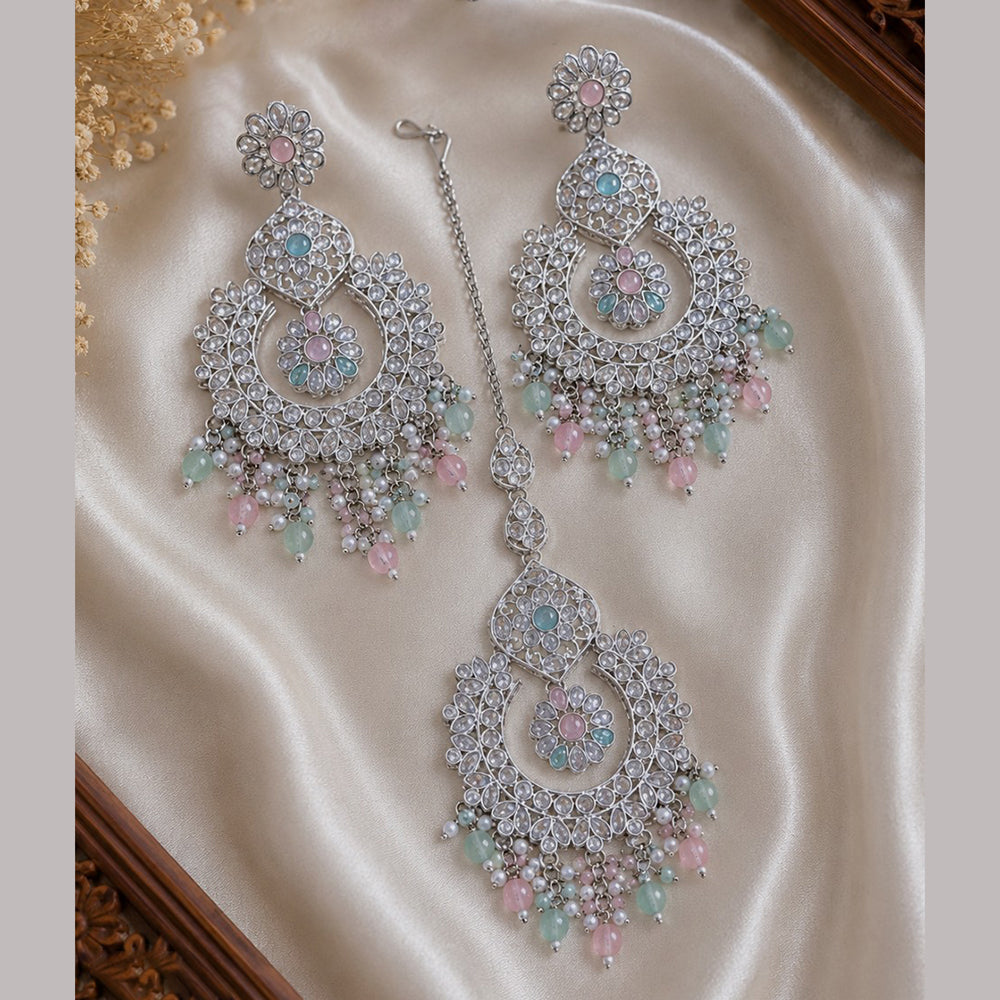 NAFJ Elegant Crystal Pearl And Beads Dangler Earrings With Matching Maangtikka