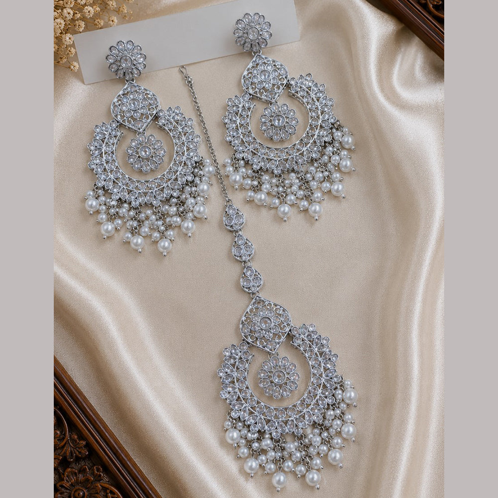 NAFJ Elegant Crystal Pearl And Beads Dangler Earrings With Matching Maangtikka