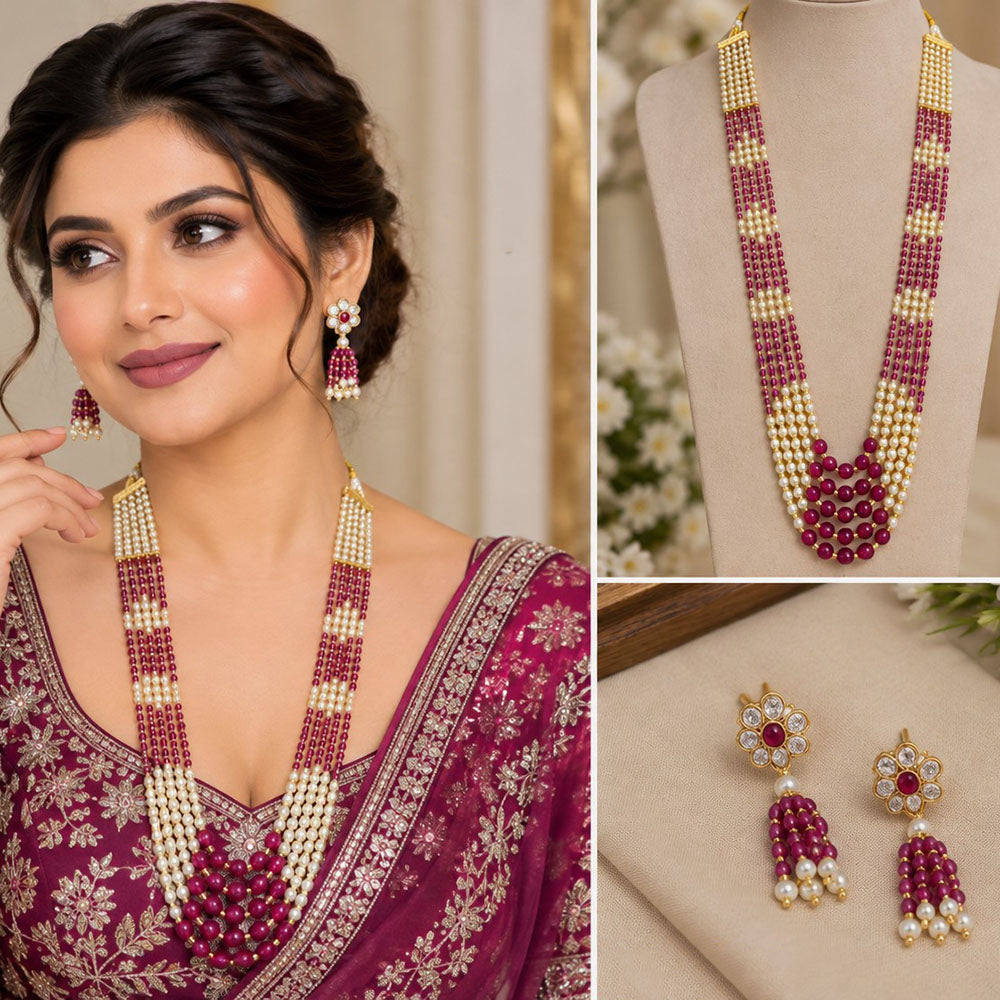 NAFJ Glamorous Crystal Stone And Beads Long Necklace Set
