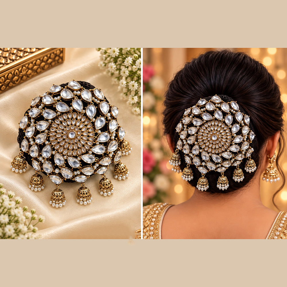 NAFJ Elegant Kundan Stone And Pearl Hair Bun Cover for Women