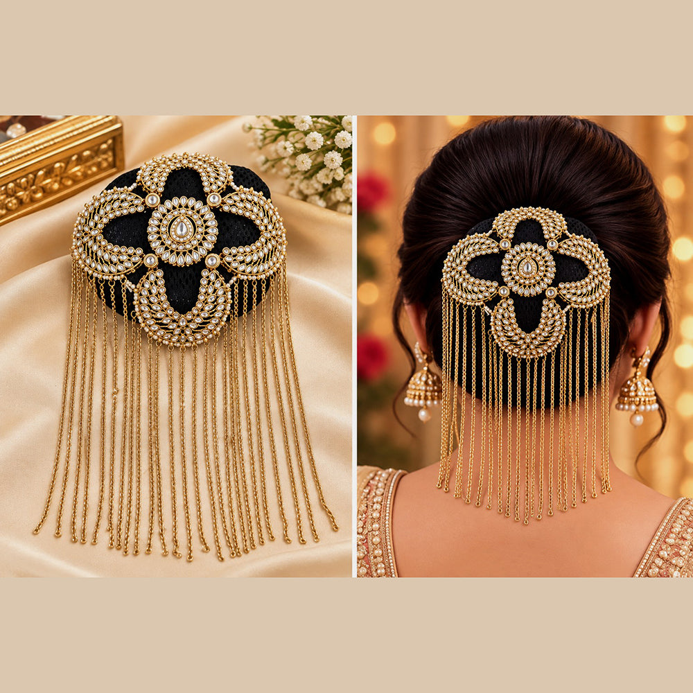 NAFJ Elegant Kundan Stone And Pearl Hair Bun Cover for Women