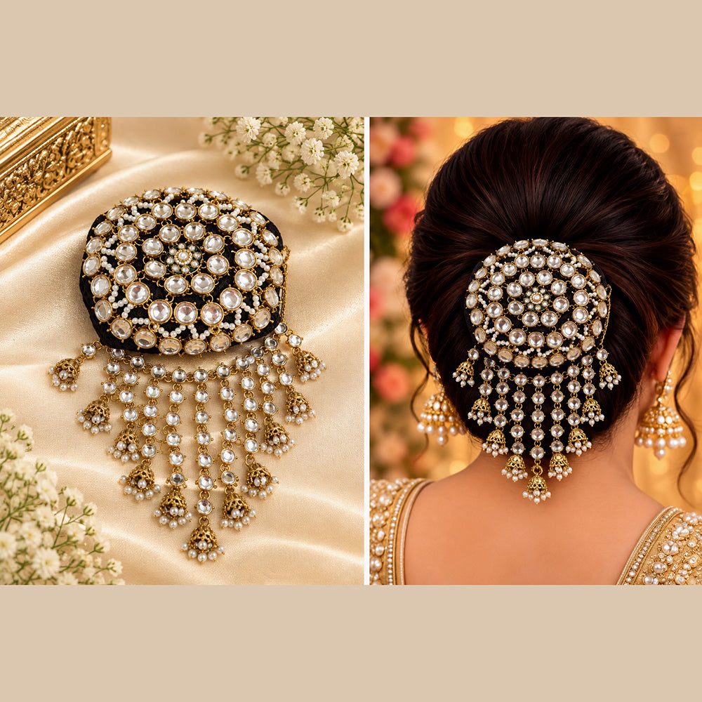 NAFJ Elegant Kundan Stone And Pearl Hair Bun Cover for Women
