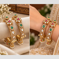 NAFJ Gold Plated Pota Stone And Pearl Openable Bangles Set for Women 