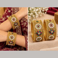 NAFJ Gold Plated Pota Stone And Pearl Openable Bangles Set for Women 