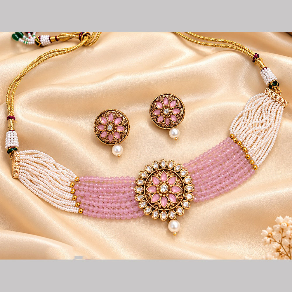 NAFJ Grand Polki Kundan Stone And Pearl Choker Necklace Set