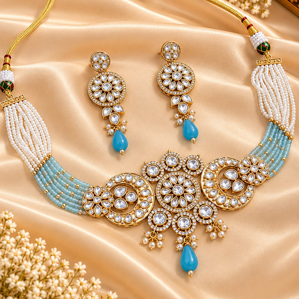 NAFJ Graceful Polki Kundan Stone And Beads Necklace Set