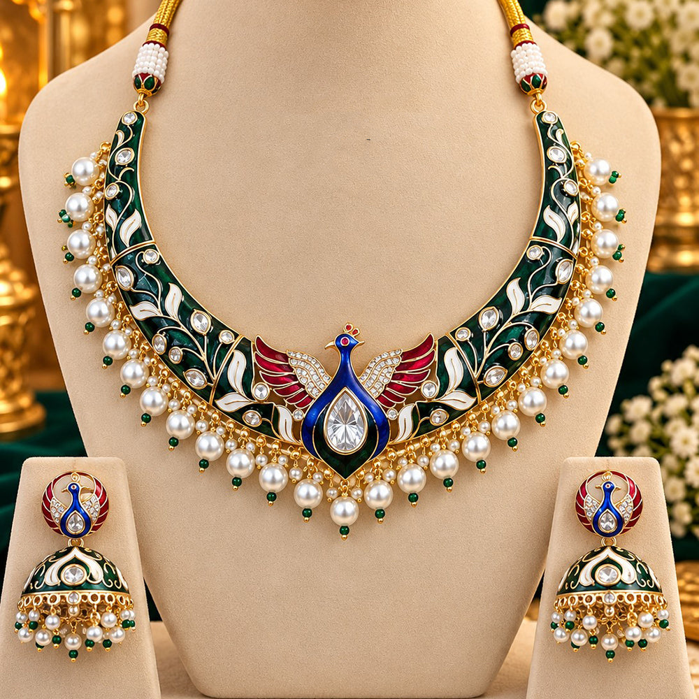 NAFJ Premium Crystal Stone And Meenakari Peacock Necklace Set