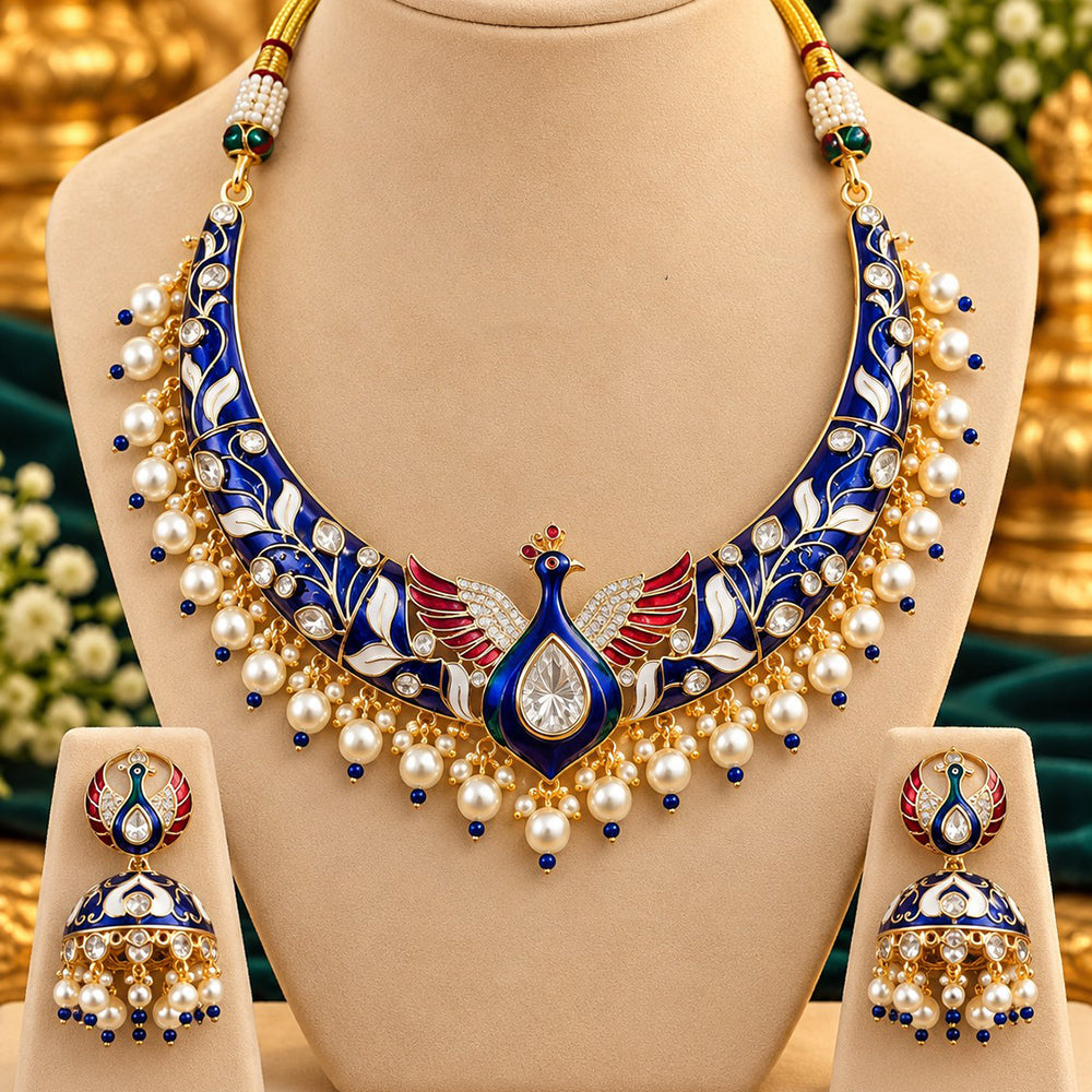 NAFJ Premium Crystal Stone And Meenakari Peacock Necklace Set
