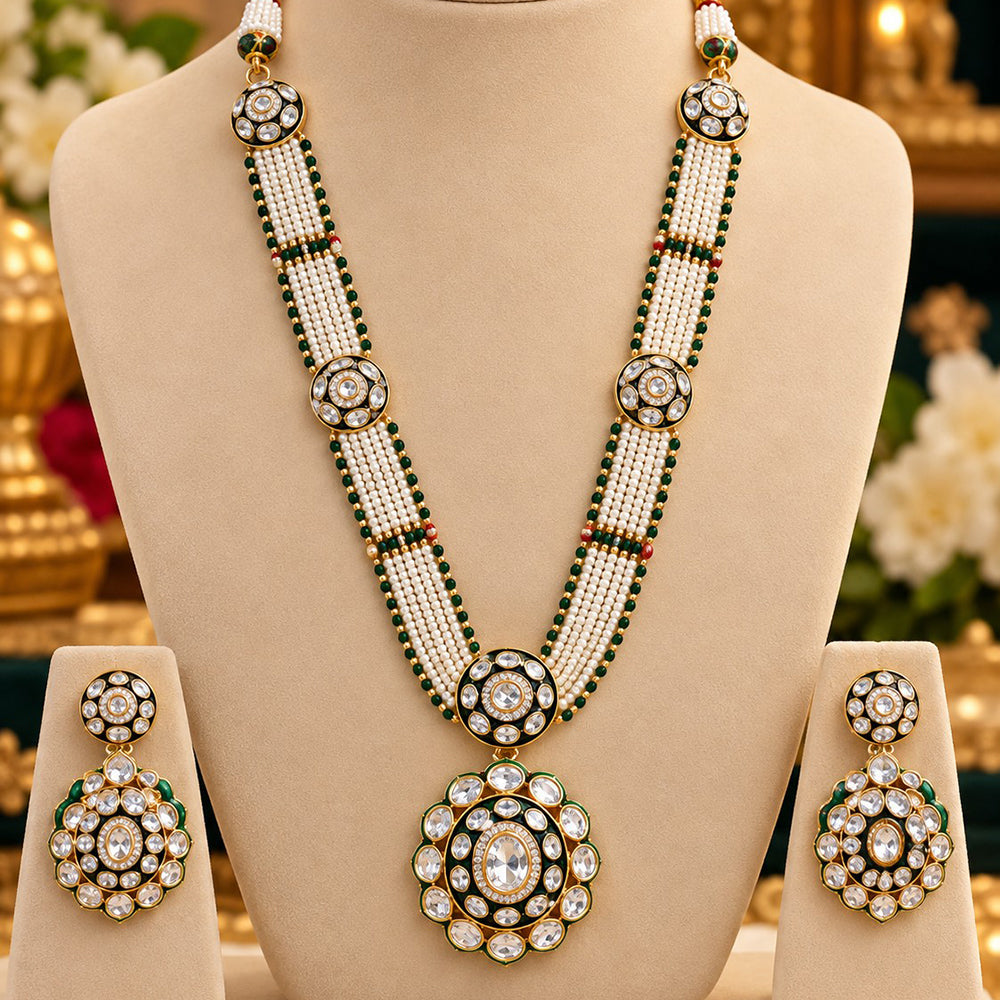 NAFJ Graceful Gold Plated Polki Kundan Stone Long Necklace Set