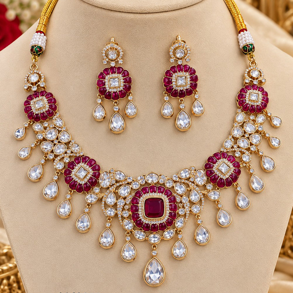 NAFJ Graceful Gold Plated Polki Kundan Stone Necklace Set