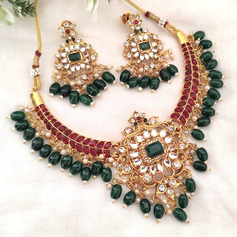 Charbhuja Art Gold Plated Kundan Stone And Beads Necklace Set