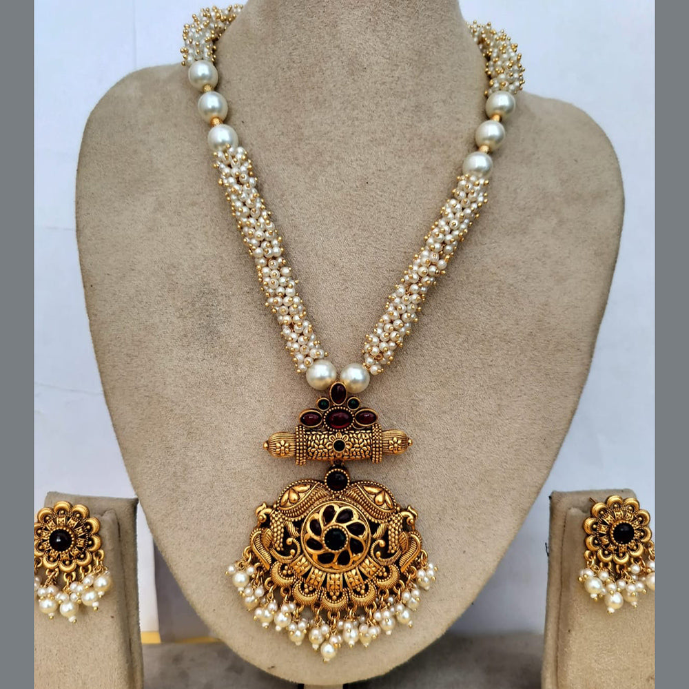 Charbhuja Art Gold Plated Pota Stone And Pearls Necklace Set