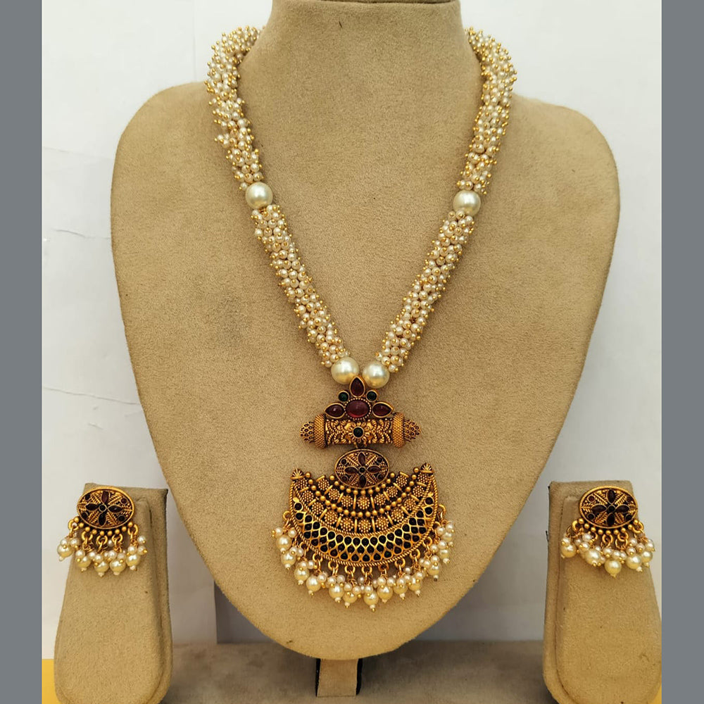 Charbhuja Art Gold Plated Pota Stone And Pearls Necklace Set