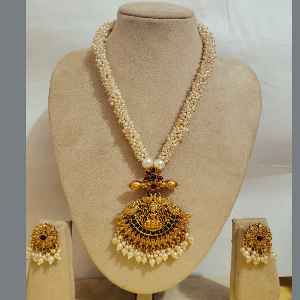 Charbhuja Art Gold Plated Pota Stone And Pearls Temple Necklace Set