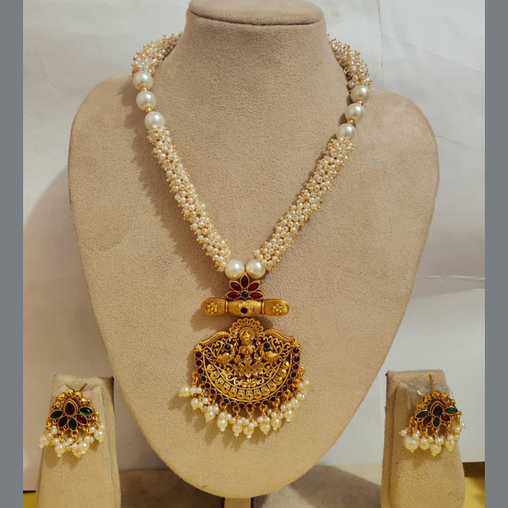 Charbhuja Art Gold Plated Pota Stone And Pearls Temple Necklace Set