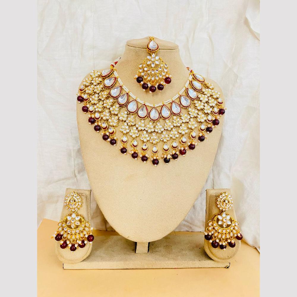 Charbhuja Art Gold Plated Kundan Stone And Beads Meenakari Necklace Set