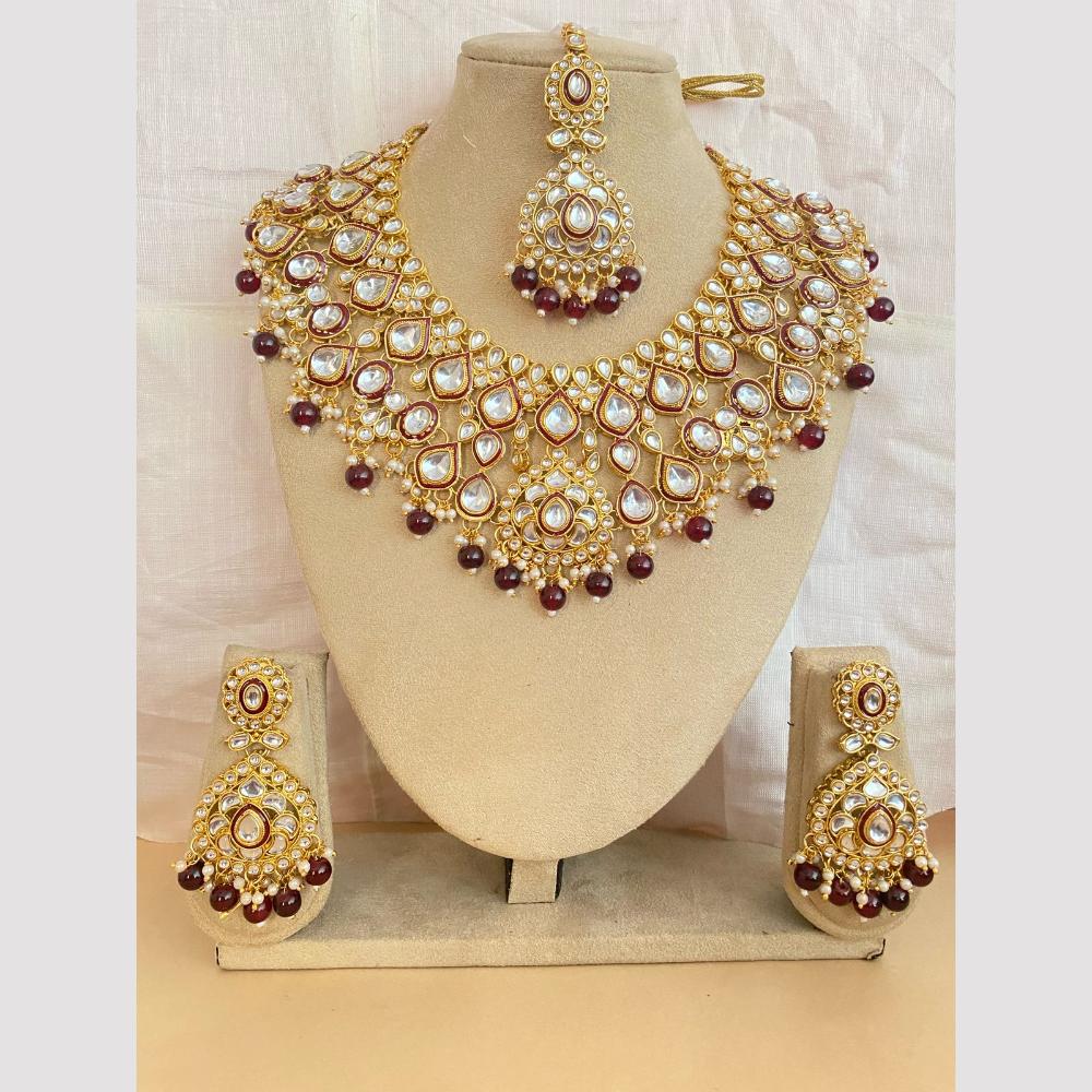 Charbhuja Art Gold Plated Kundan Stone And Beads Meenakari Necklace Set