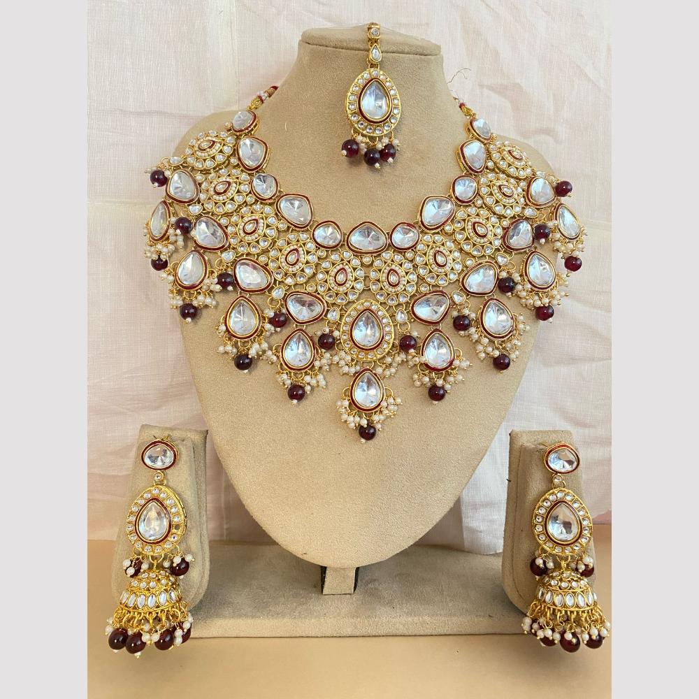 Charbhuja Art Gold Plated Kundan Stone And Beads Meenakari Necklace Set