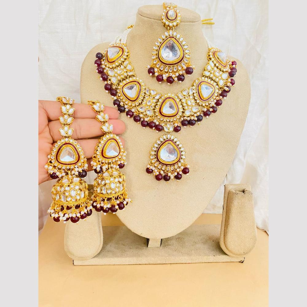 Charbhuja Art Gold Plated Kundan Stone And Beads Meenakari Necklace Set