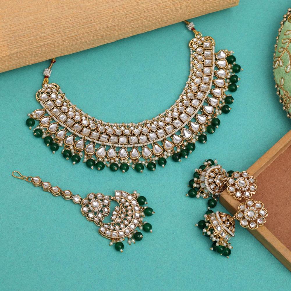 Charbhuja Art Gold Plated Kundan Stone And Beads Necklace Set