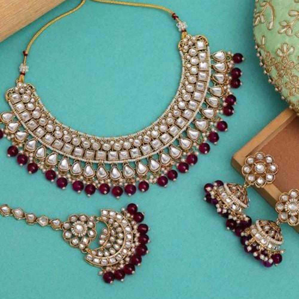 Charbhuja Art Gold Plated Kundan Stone And Beads Necklace Set