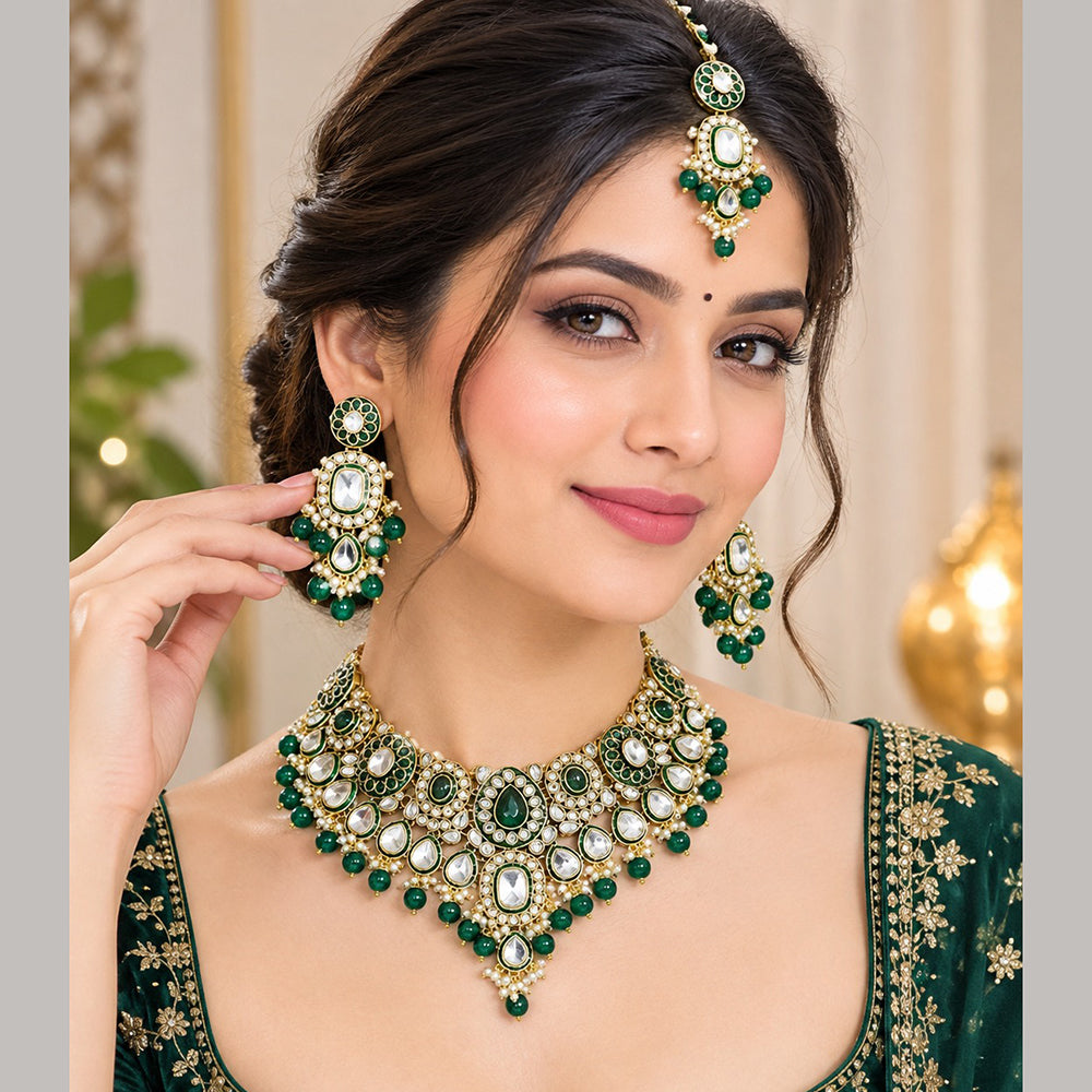 Charbhuja Art Heritage Pota Stone And Kundan Stone Beads Necklace Set