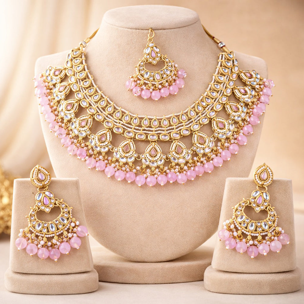 Charbhuja Art Heritage Pota Stone And Kundan Stone Beads Necklace Set