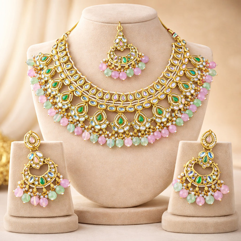 Charbhuja Art Heritage Pota Stone And Kundan Stone Beads Necklace Set
