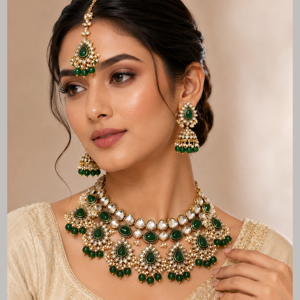 Charbhuja Art Heritage Pota Stone And Kundan Stone Beads Necklace Set
