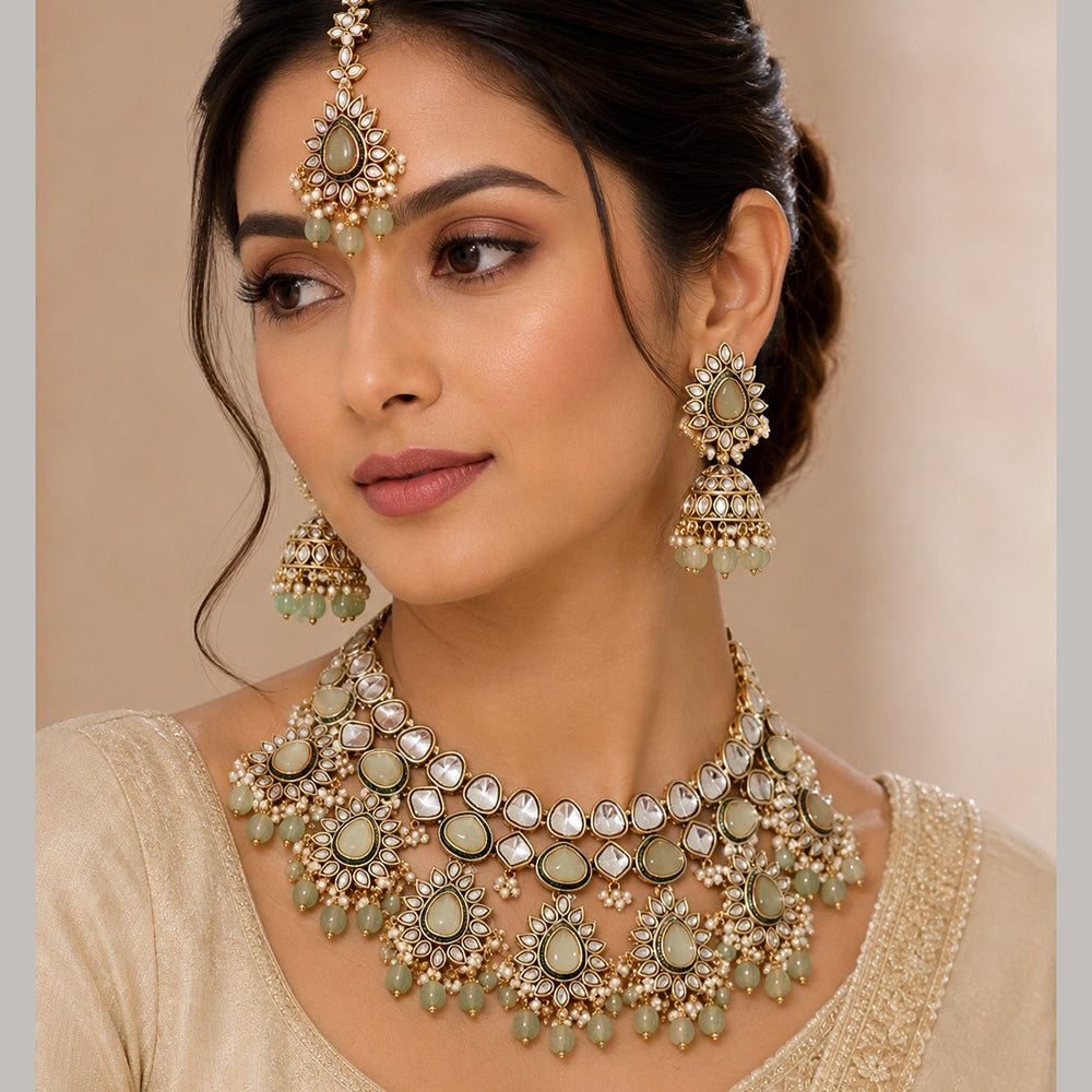 Charbhuja Art Heritage Pota Stone And Kundan Stone Beads Necklace Set