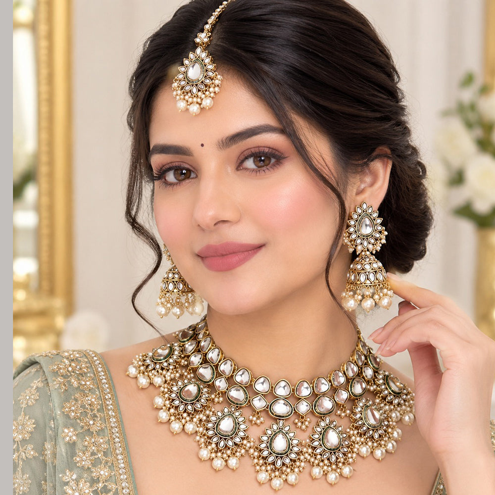 Charbhuja Art Heritage Pota Stone And Kundan Stone Beads Necklace Set