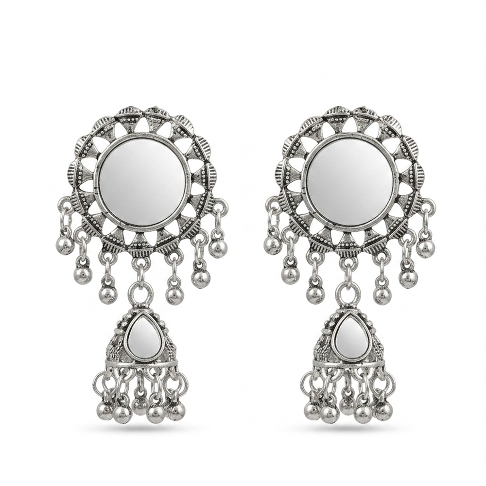 Urthn Antique Silver-Toned Oxidised Jhumki Earrings With Mirror Work(Pack of 6)
