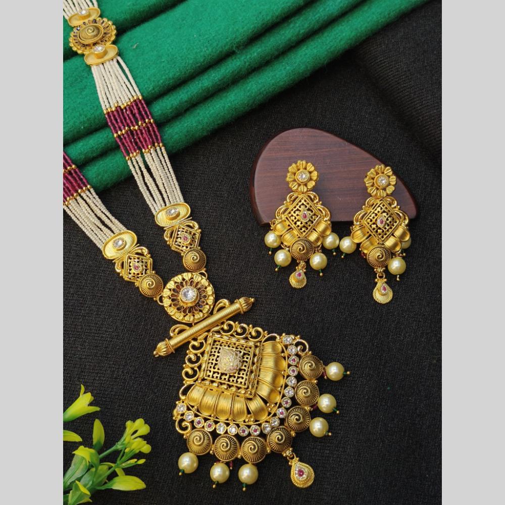 Navkar Jewellers Pota Stone and Pearl Long Necklace Set