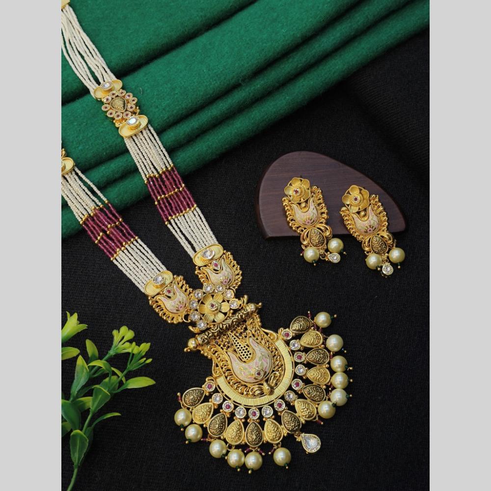 Navkar Jewellers Pota Stone and Pearl Long Necklace Set