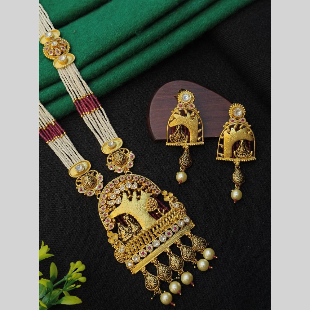 Navkar Jewellers Pota Stone and Pearl Long Necklace Set