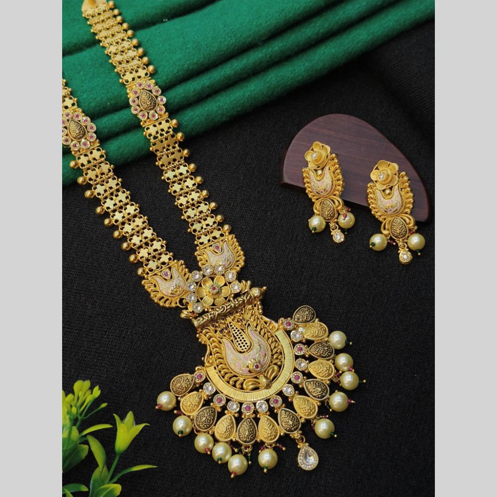 Navkar Jewellers Pota Stone and Pearl Long Necklace Set