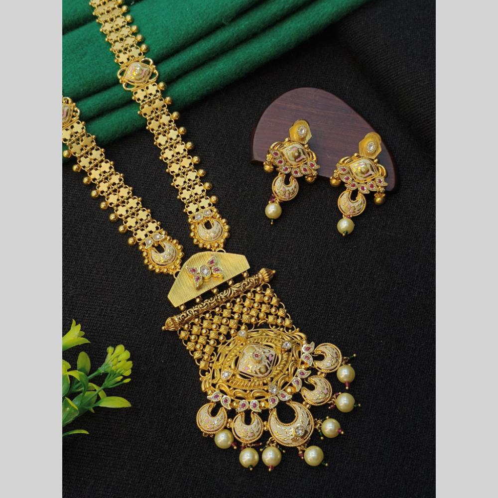 Navkar Jewellers Pota Stone and Pearl Long Necklace Set