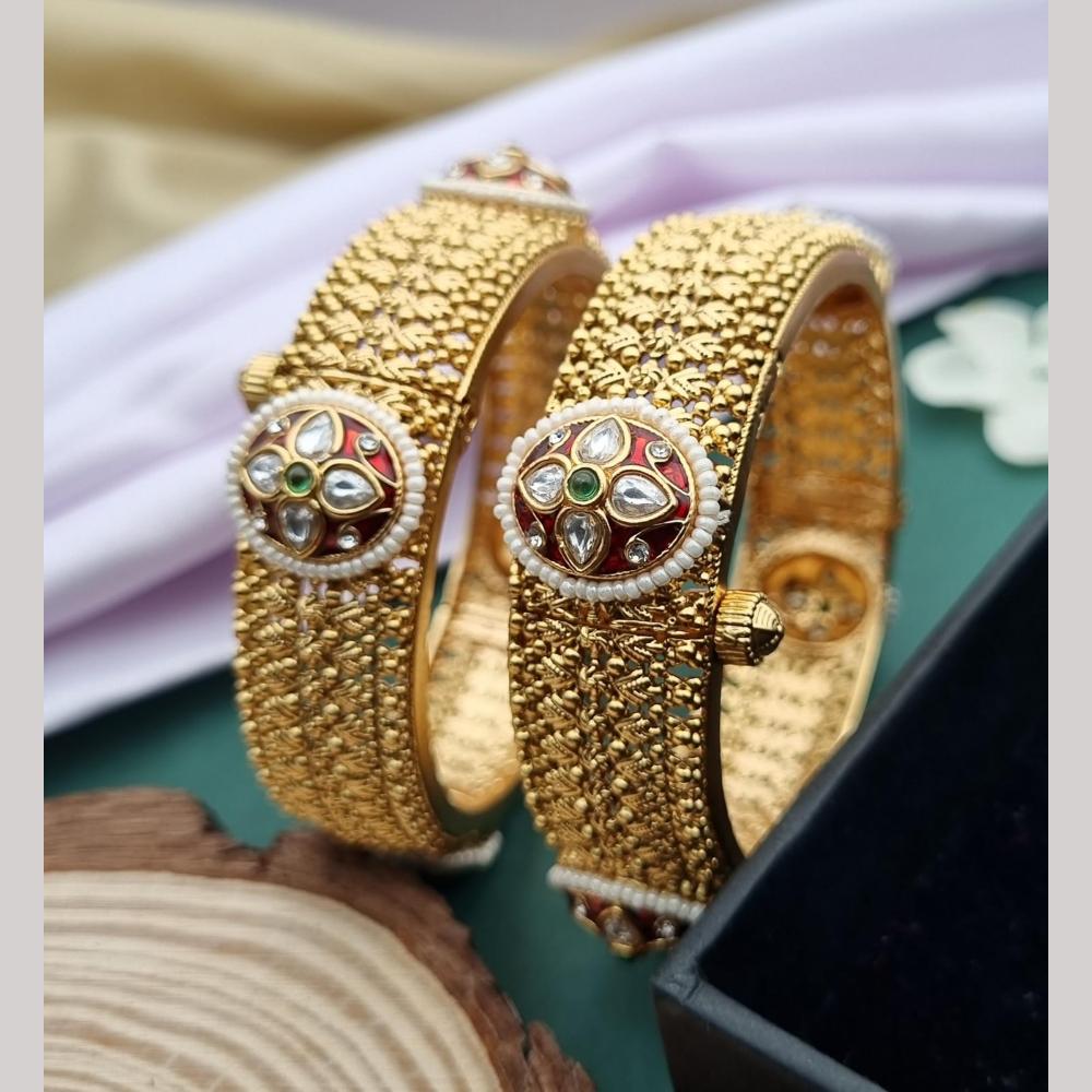 Reet Revaz Gold Plated Pota Stone And Pearls Openable Bangles Set