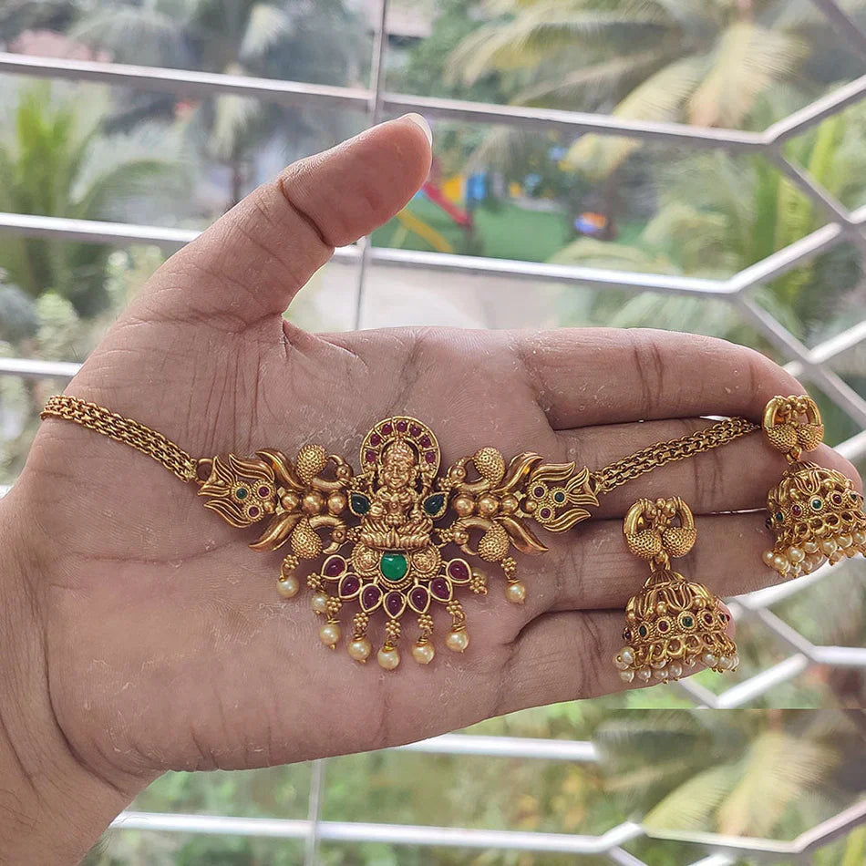 Darshana Jewels Kundan Stone And Pearl Temple Choker Necklace Set