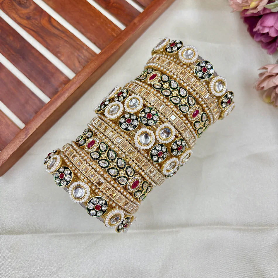 Darshana Jewels Designer Pota Stone Pearl And Meenakari Openable Bangles Set