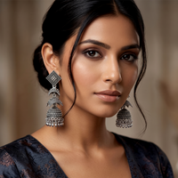 Urthn Oxidised Silver Traditional Jhumka Earrings for Women(Pack of 6)
