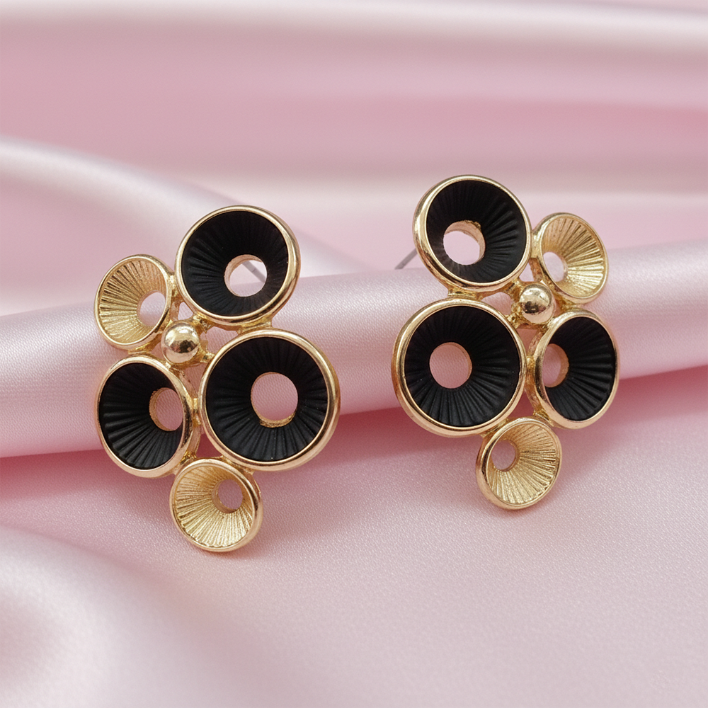 Urthn Minimal Black Enamel Gold Detail Gold Plated Earrings(Pack of 3)